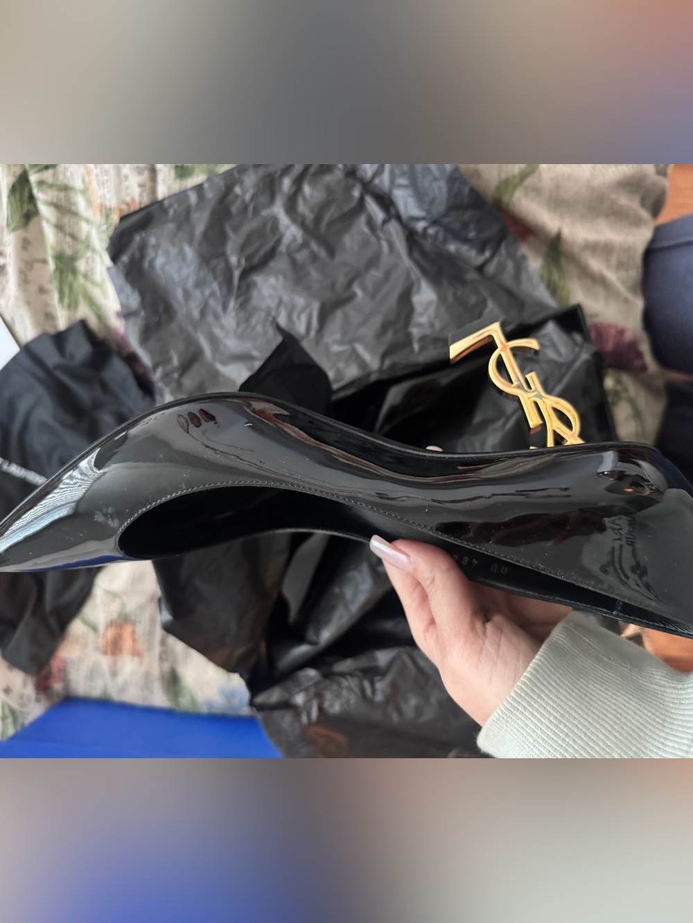 Yves Saint Laurent Black Patent Leather Gold Logo Heel